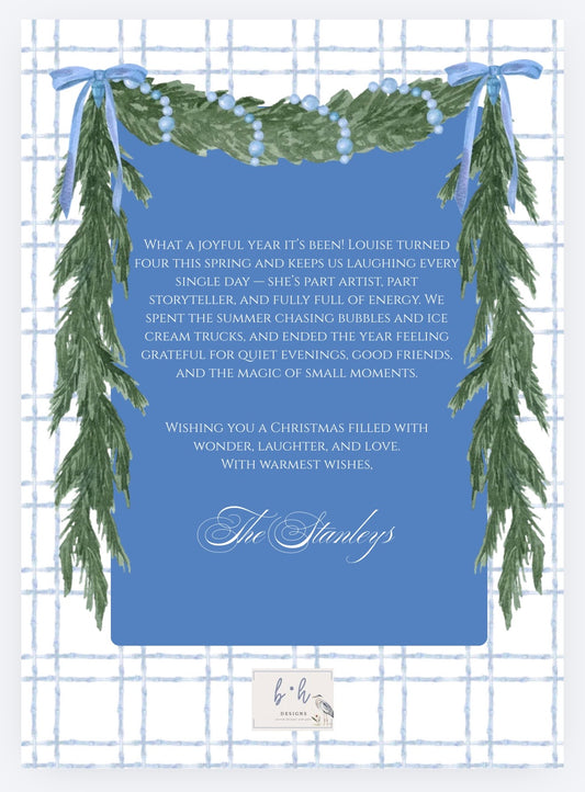 Blue bow and evergreen garland photo Christmas card back