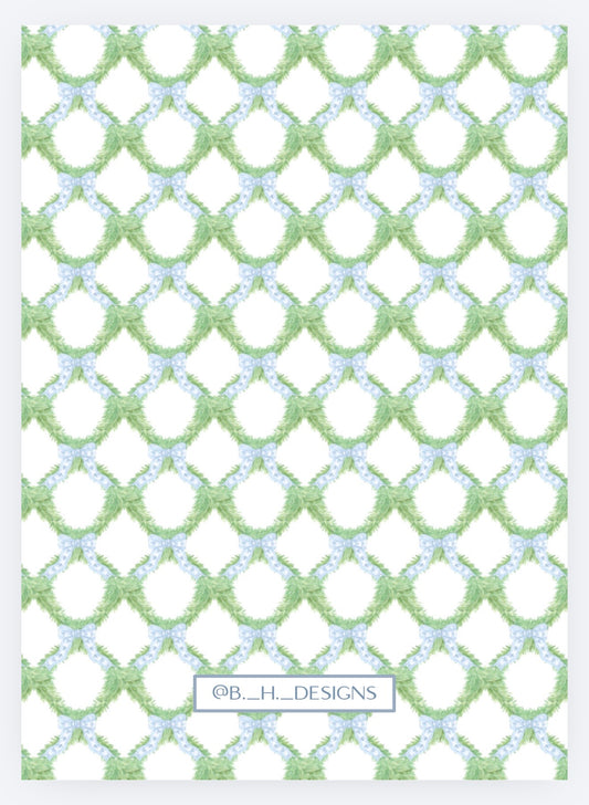 Blue ribbon and green wreath photo Christmas card back