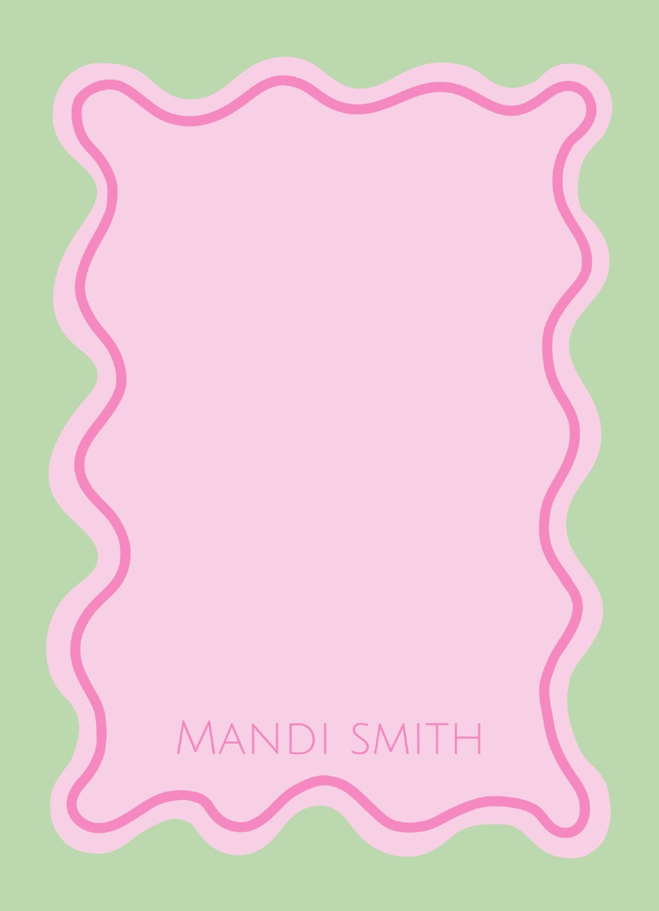 Personalized Pink & Green Scalloped Notepad; sample personalization shown