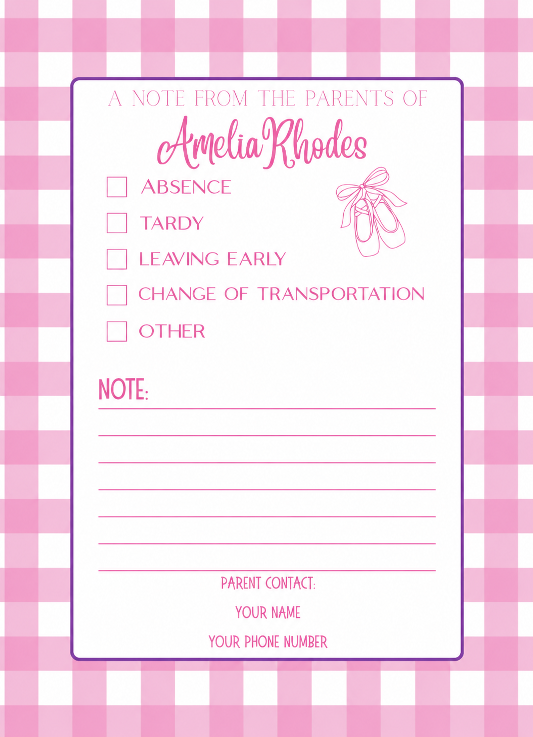 Personalized Pink Gingham Ballet School Notes Notepad; sample personalization shown