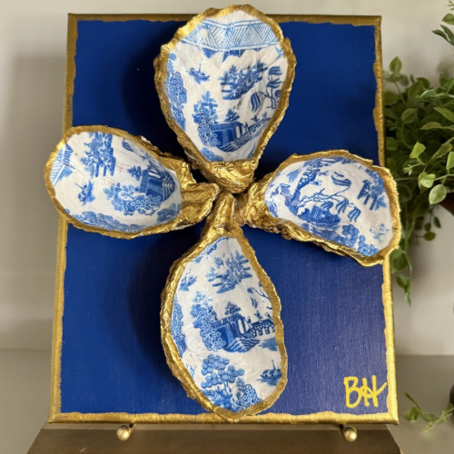 Blue and Gold Oyster Shell Cross on Canvas