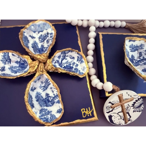 Blue and Gold Oyster Shell Cross on Canvas