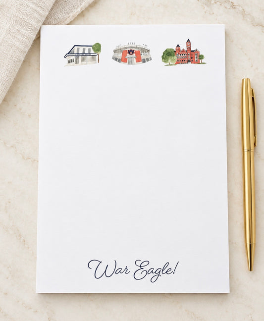 Auburn notepad featuring Toomer’s Drugs, Jordan-Hare Stadium, Samford Hall and War Eagle lettering