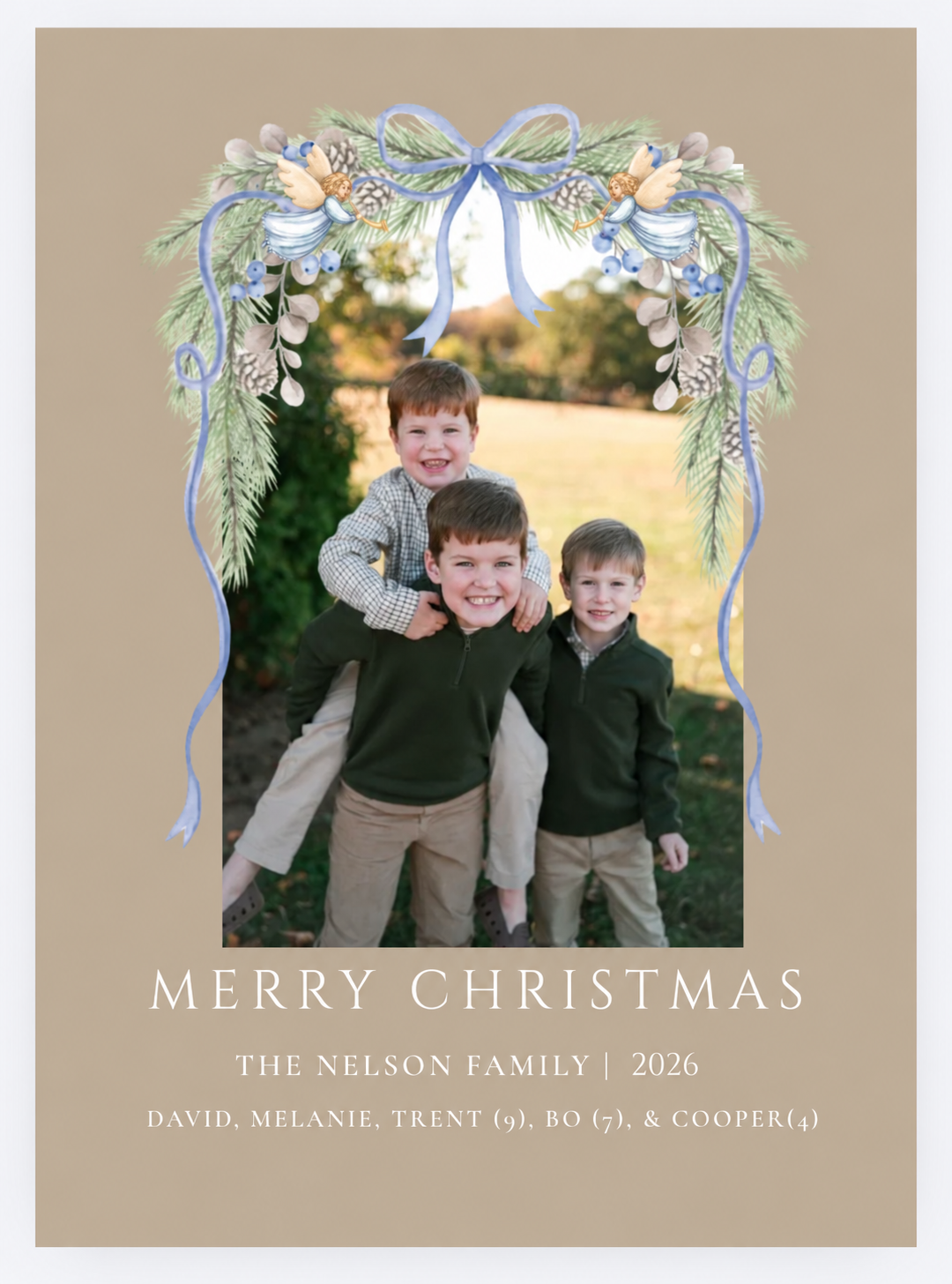 Blue Angels and Evergreen Christmas card front with The Nelson family
