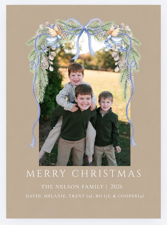 Blue Angels and Evergreen Christmas card front with The Nelson family