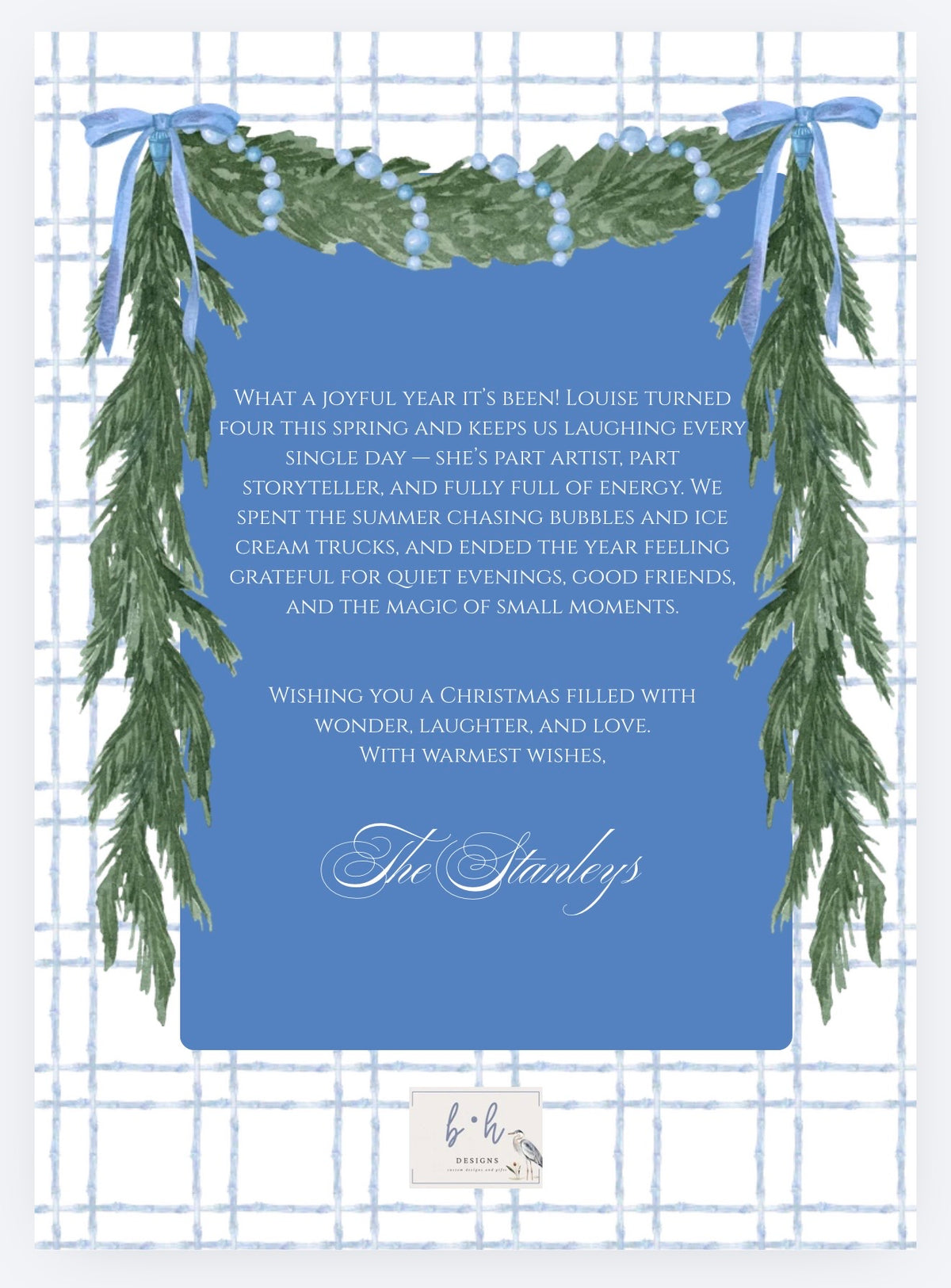 Blue bow and evergreen garland photo Christmas card back