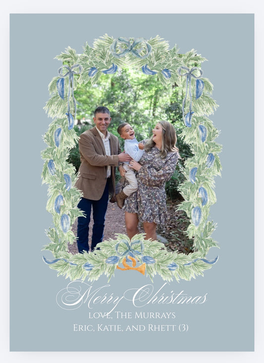 Blue bows, bells and greenery personalized photo Christmas card front
