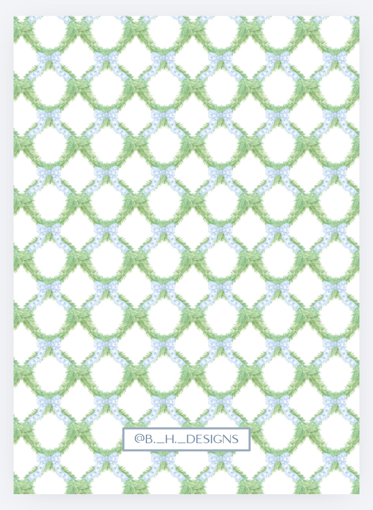 Blue ribbon and green wreath photo Christmas card back
