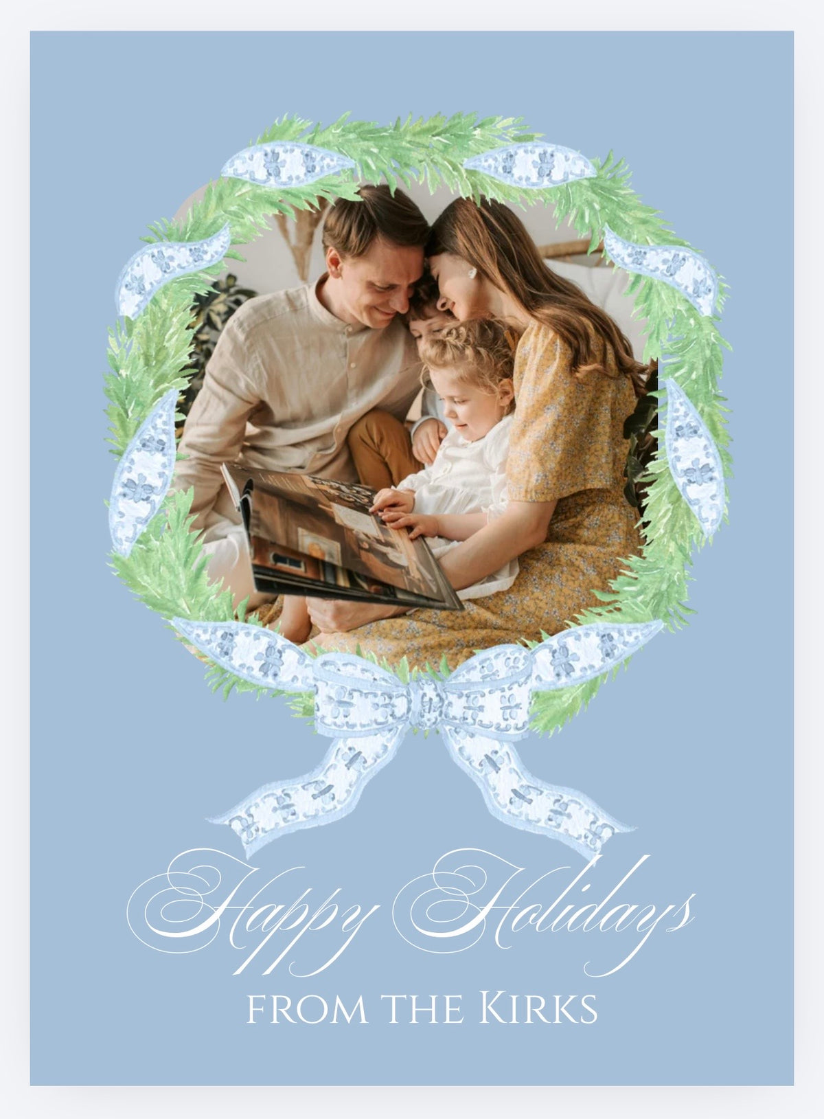 Blue ribbon and green wreath photo Christmas card front