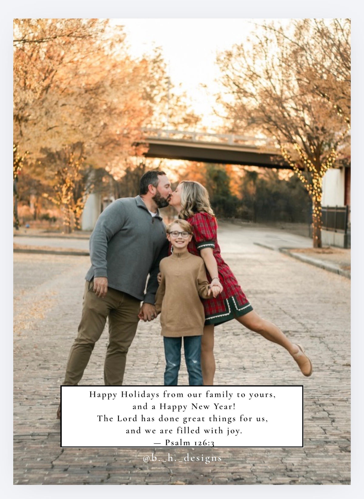 Coordinating full-photo Christmas card back with holiday greeting and Psalm 126:3