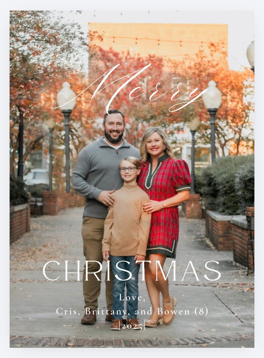 Classic full-photo Christmas card front with elegant white Merry Christmas lettering