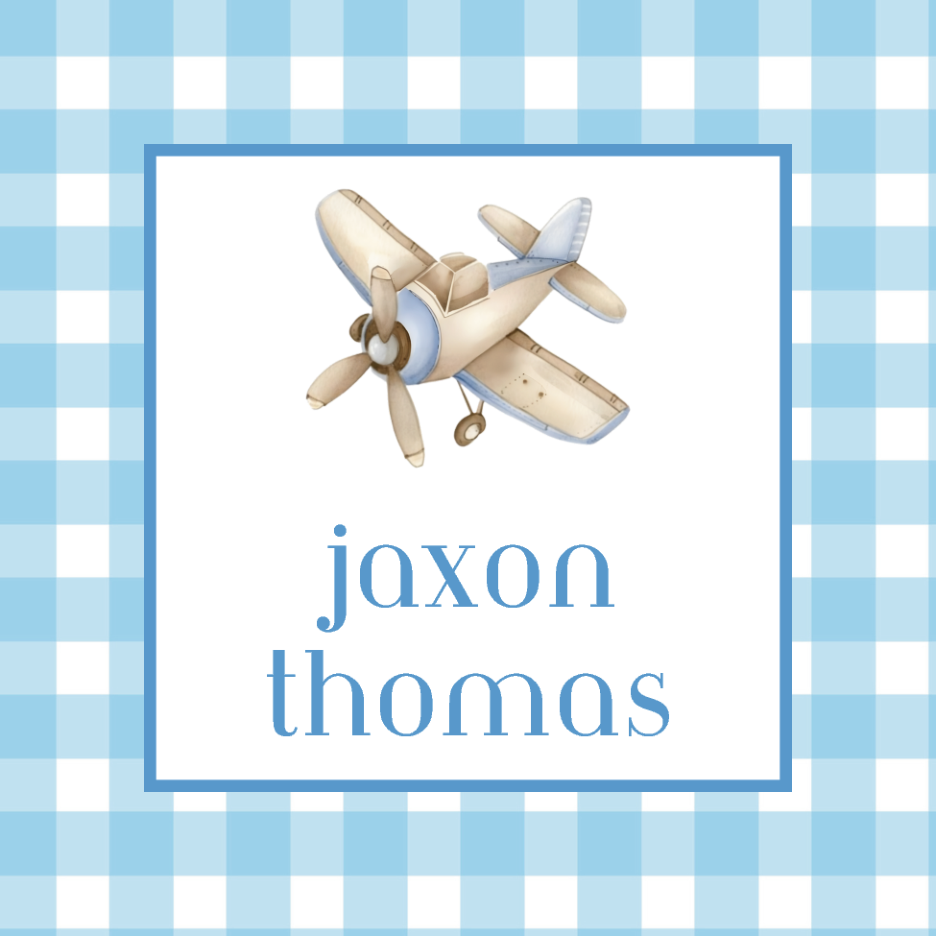 Blue Gingham Airplane Personalized Enclosure Cards — personalized front; sample lettering shown