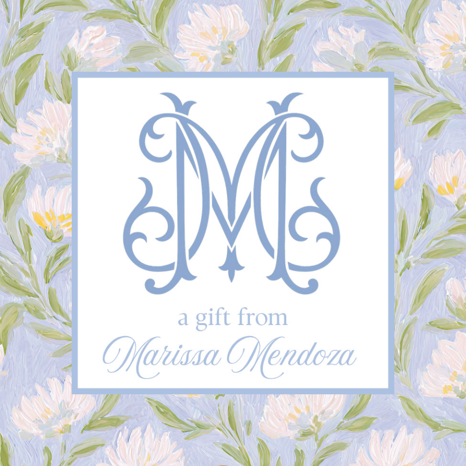 Blue Floral Monogram Enclosure Cards — personalized front; sample lettering shown