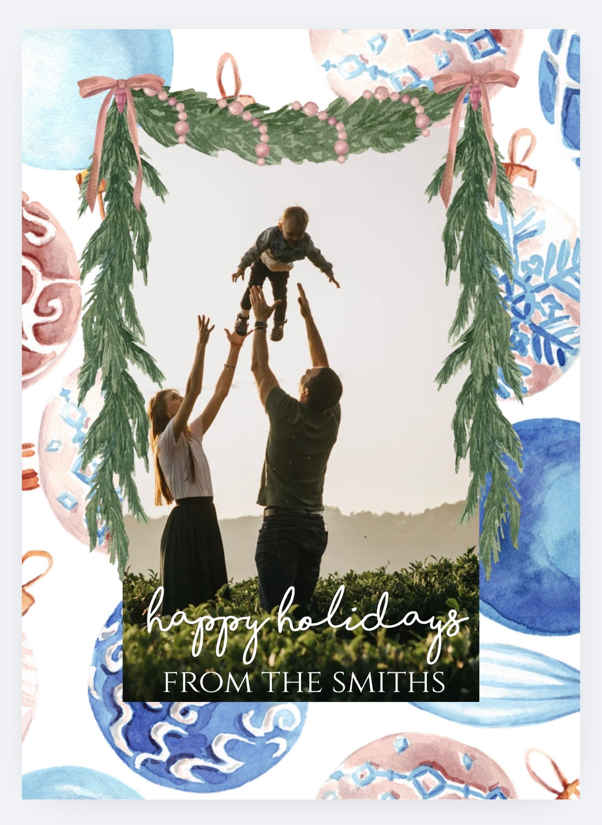 Photo Christmas card with pastel blue and pink ornaments, evergreen garland and pink bows