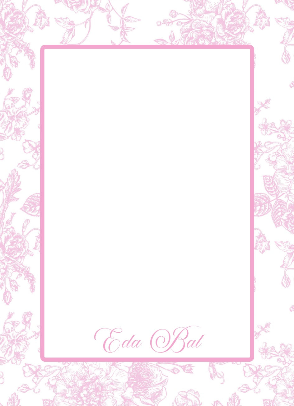 Personalized Pink Toile Notepad; sample personalization shown