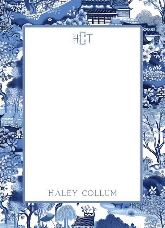 Personalized Blue Chinoiserie Notepad; sample personalization shown