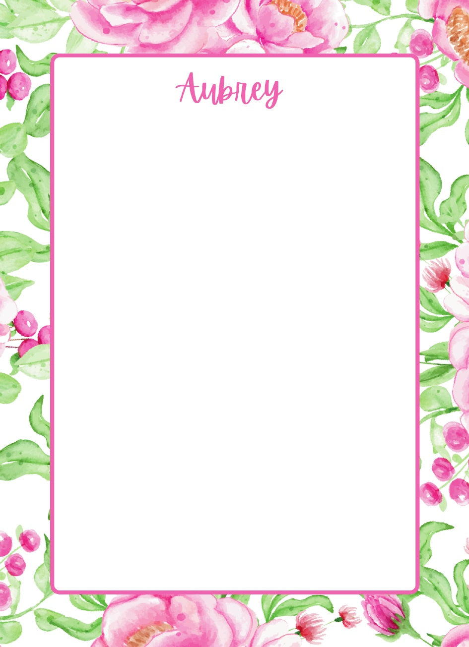 Personalized Pink Rose Script Notepad; sample personalization shown