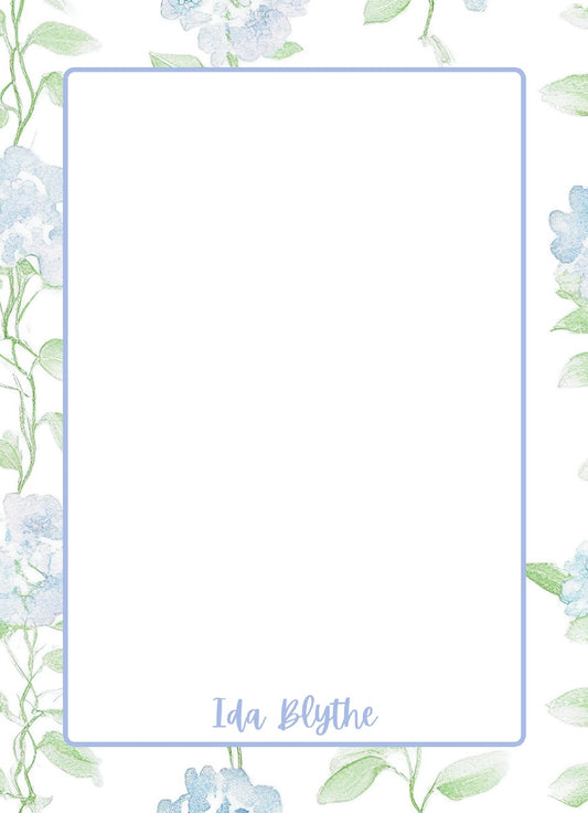 Personalized Blue Hydrangea Border Notepad; sample personalization shown