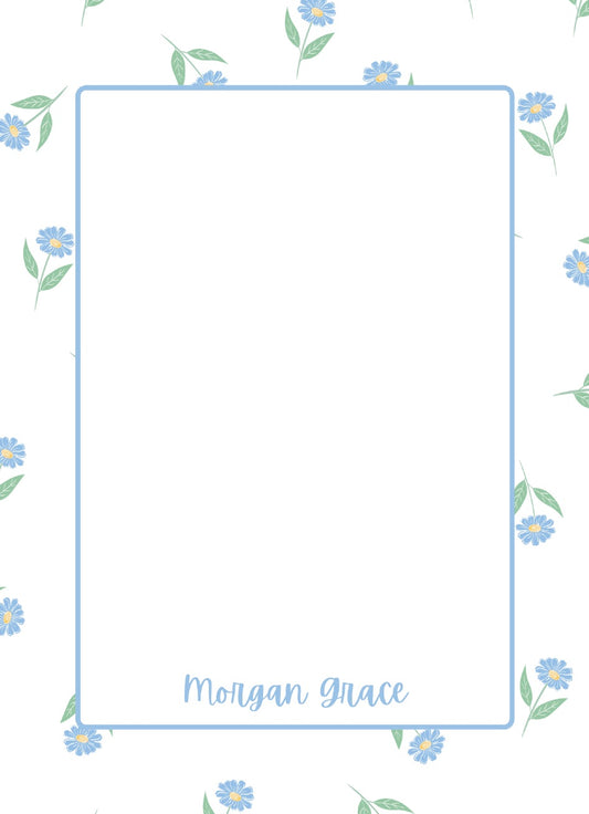 Personalized Blue Daisy Notepad; sample personalization shown