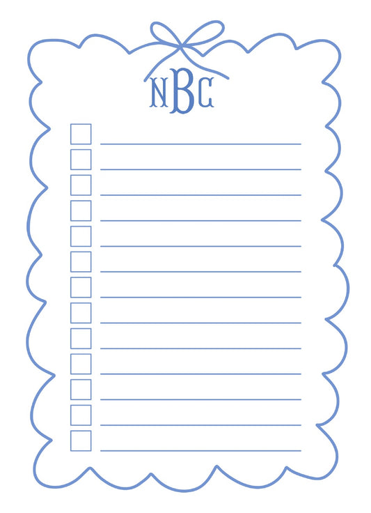 Personalized Blue Bow Checklist Notepad; sample personalization shown