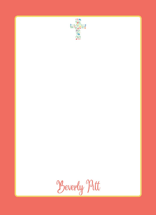 Personalized Coral Floral Cross Notepad; sample personalization shown