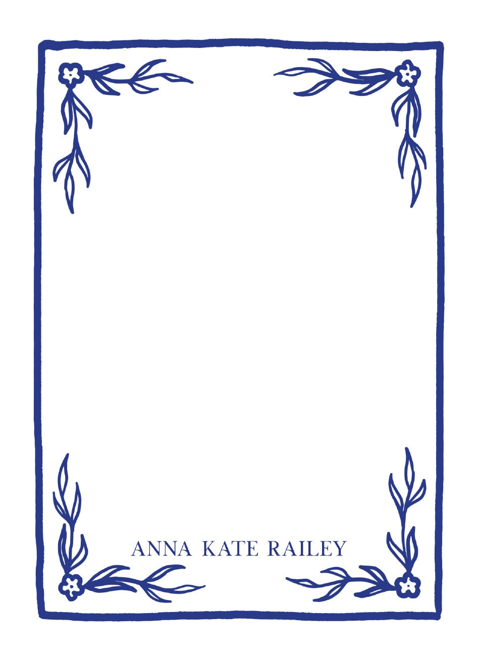 Personalized Navy Floral Frame Notepad; sample personalization shown
