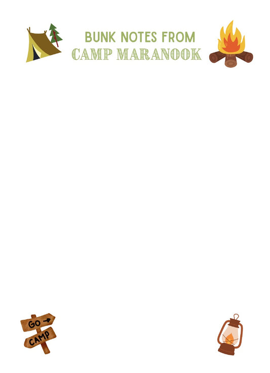 Personalized Camp Bunk Notes Notepad; sample personalization shown