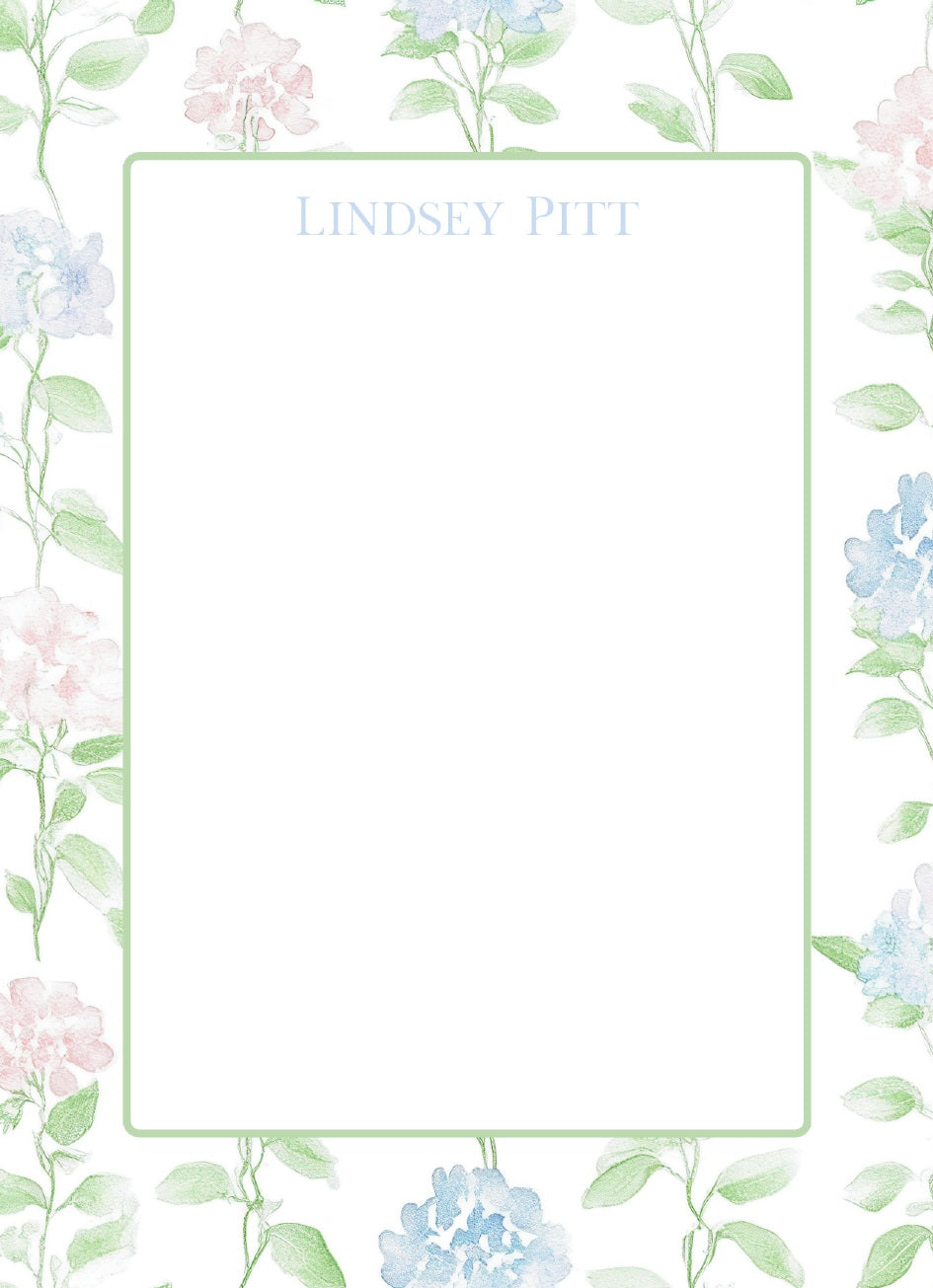 Personalized Pastel Hydrangea Notepad; sample personalization shown