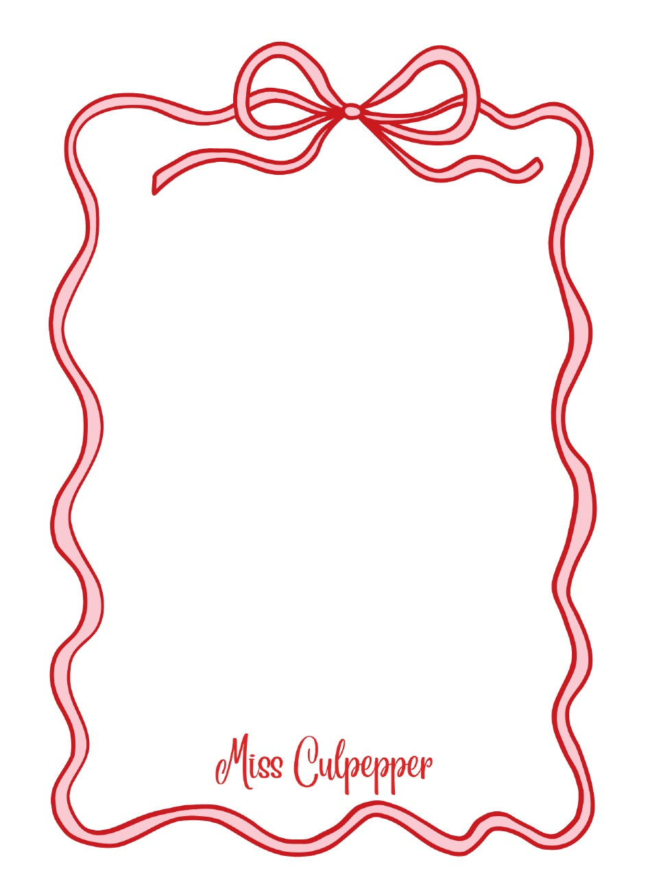 Personalized Red Double Bow Notepad; sample personalization shown