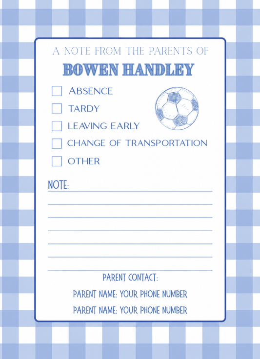 Personalized Blue Gingham Soccer School Notes Notepad; sample personalization shown