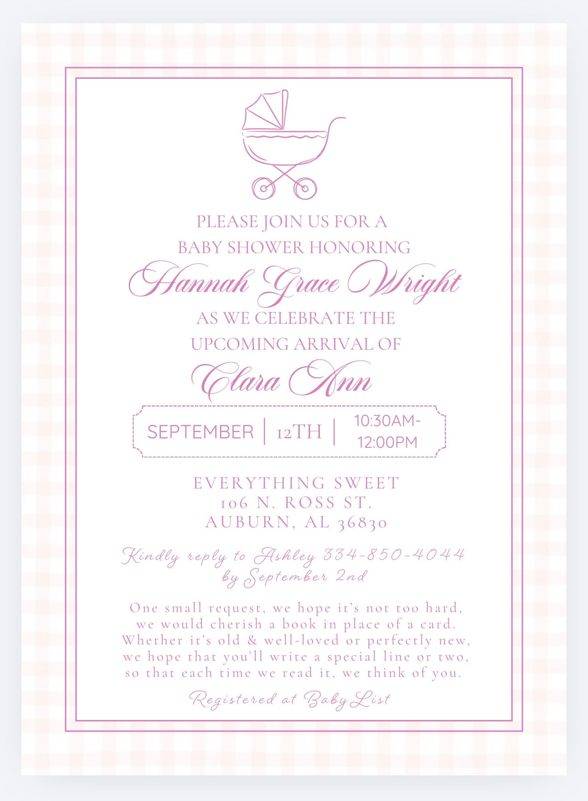 Pink gingham baby shower invitation with delicate baby carriage and double border