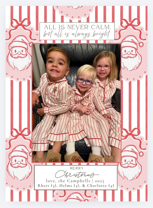 Pink and red Santa and striped photo Christmas card front