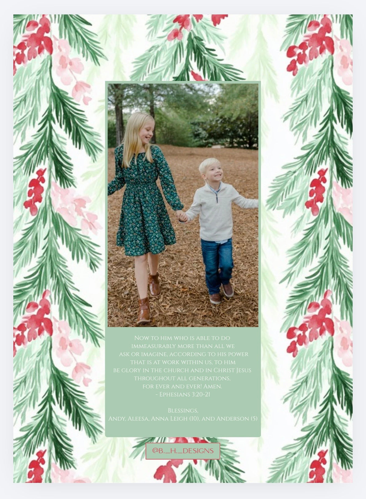 Coordinating evergreen and berry photo Christmas card back with personalized message