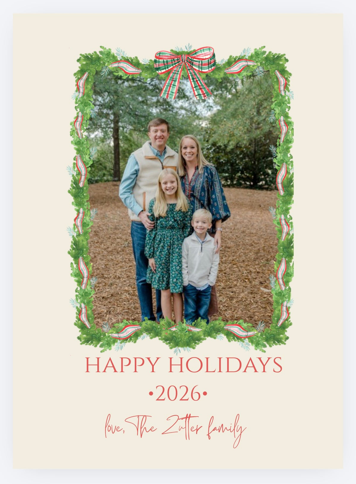 Plaid bow and watercolor greenery photo Christmas card front on cream background