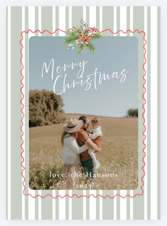 Sage and white striped photo Christmas card with red wavy border and holiday greenery
