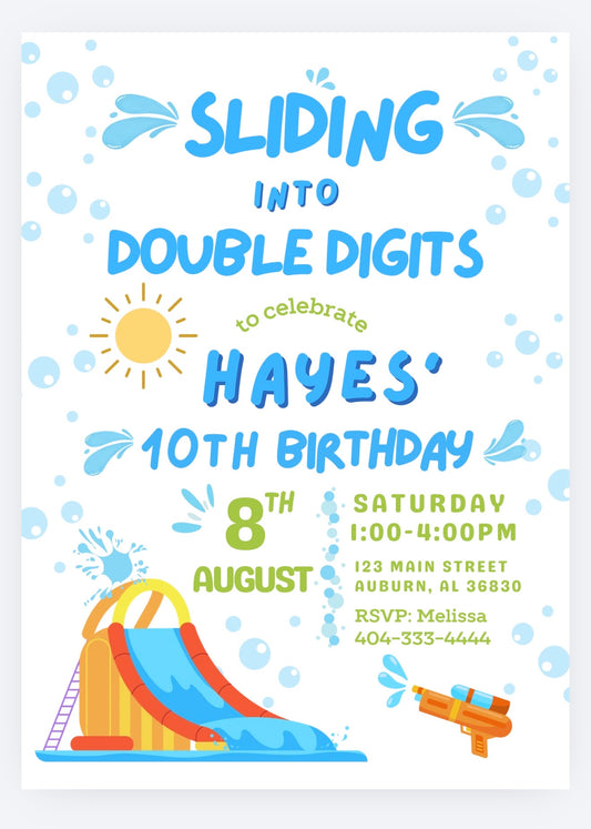 Sliding Into Double Digits birthday invitation with colorful water slide, bubbles and water splashes