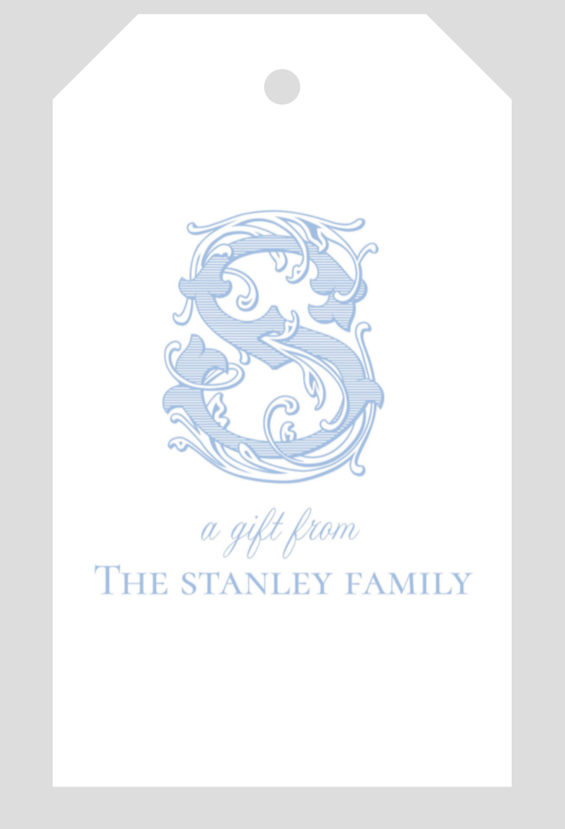 Vine monogram gift tag with light blue initial and sample family name